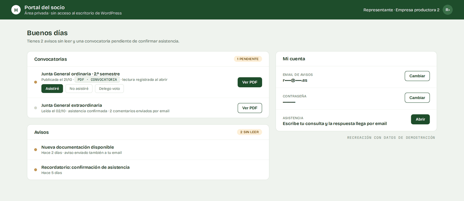 Portal del socio: convocatorias con PDF y confirmación de asistencia, avisos sin leer y gestión de cuenta propia, sin acceso al escritorio de WordPress
